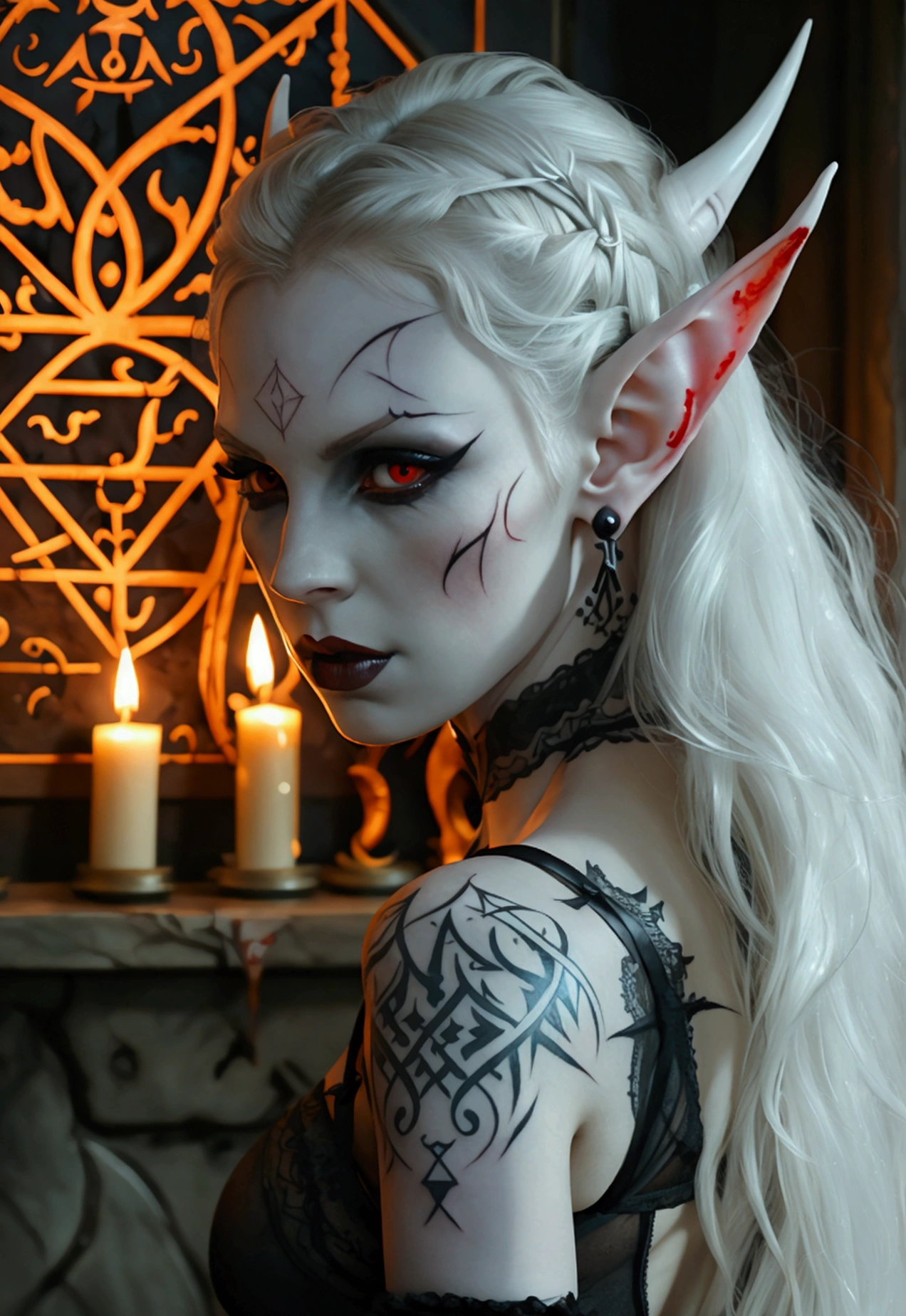 A dark elf (cute woman, pale white skin, large pointy ears, blood red eyes, large evil tattoos, sheer black lingerie), she is studying the glyphs in her summoning chamber, show all of her
