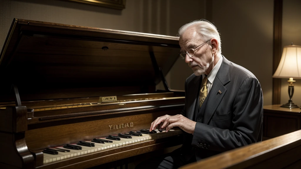 An old man in a suit playing an antique grand piano in comfortable yellowish lighting