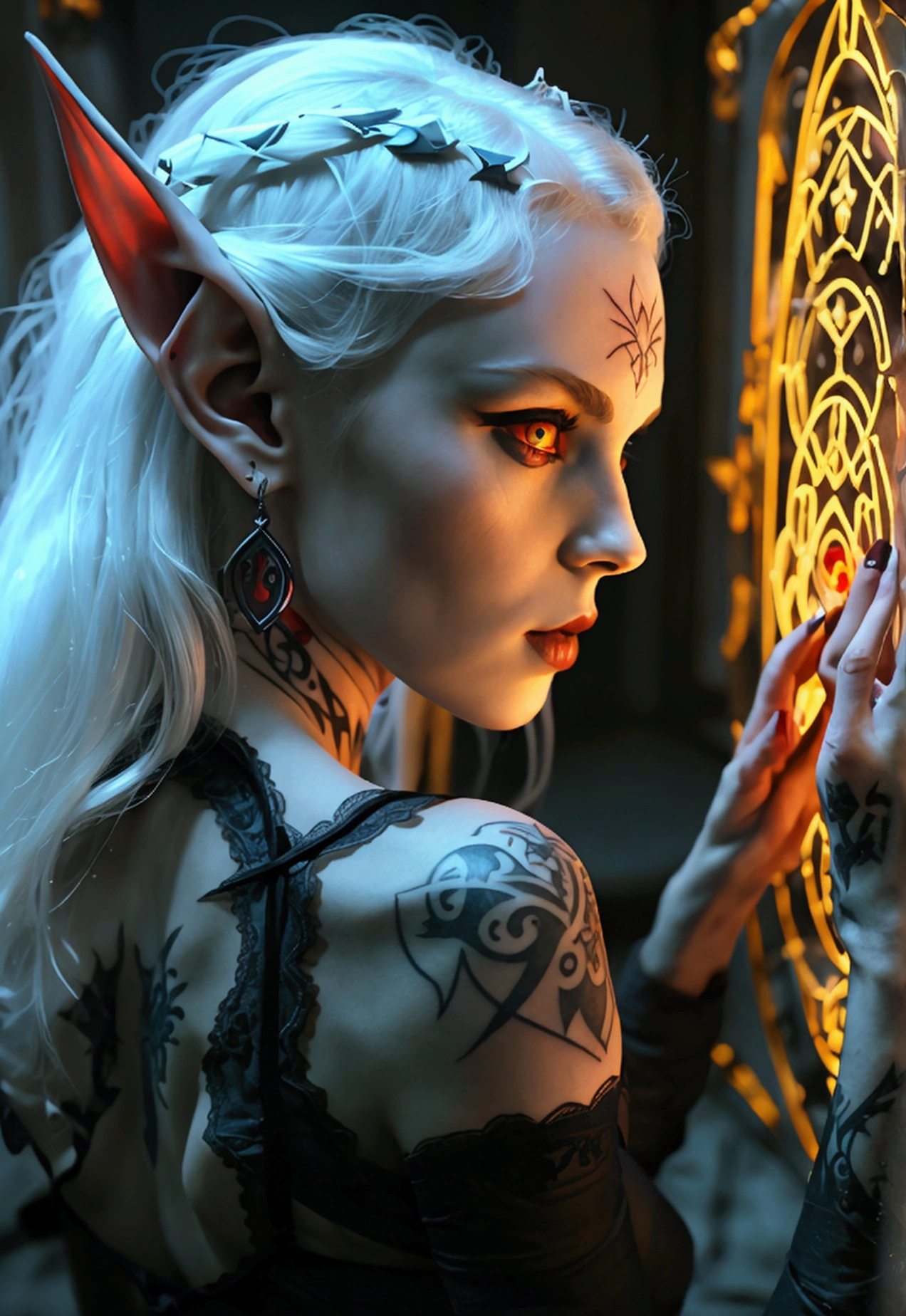 A dark elf (cute woman, pale white skin, large pointy ears, blood red eyes, large evil tattoos, sheer black lingerie), she is studying the glyphs in her summoning chamber, show all of her