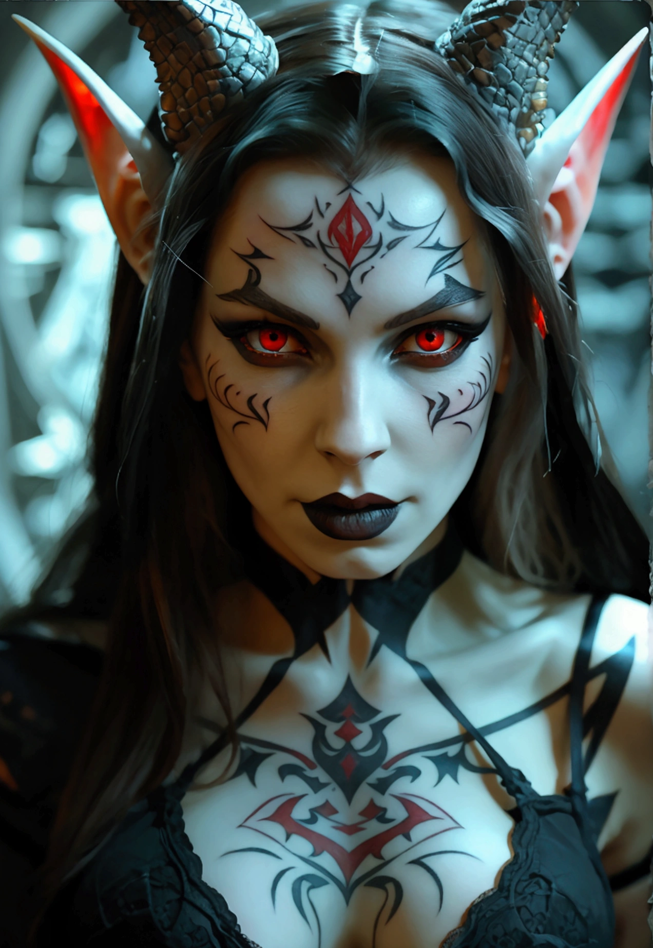 A dark elf (cute woman, pale white skin, large pointy ears, blood red eyes, large evil tattoos, sheer black lingerie), she is studying the glyphs in her summoning chamber, show all of her
