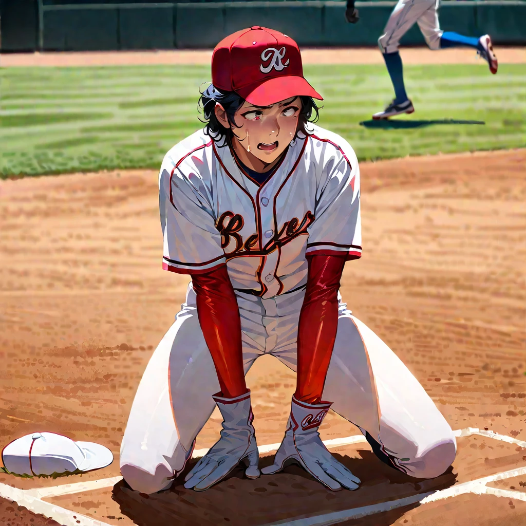 Young beautiful woman,(Highest quality,Extremely detailed depiction,Incredibly absurd high resolution,Anatomically accurate depiction,SFW),(Glowing Skin,Shiny skin),baseball player,Baseball uniform,baseball pants,Baseball hats,Gloves,A pitcher crying on the mound in frustration,Mortified face,Kneeling posture,background:Baseball field during a game,Walk-off loss,On the mound