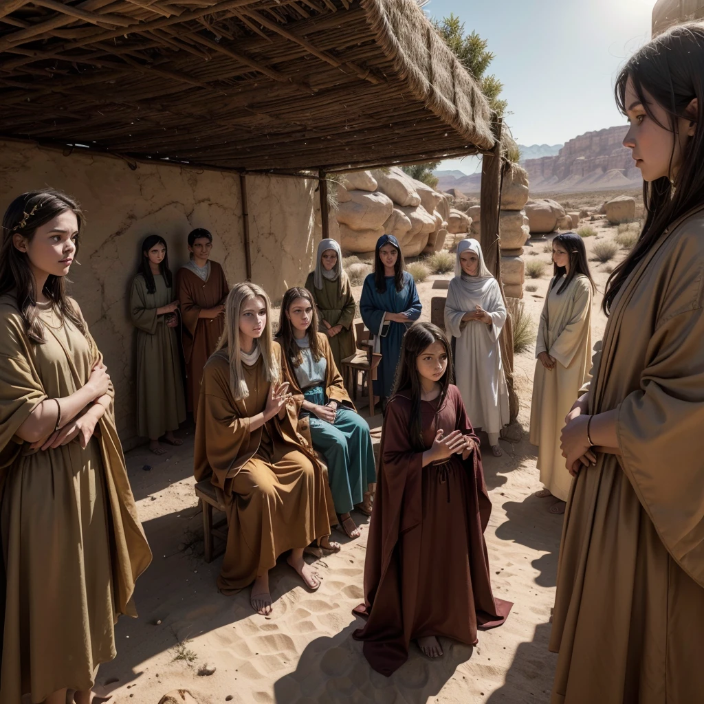 A group of people in a desert area, biblical illustration, The Lord and Savior, biblical painting, spiritual scene, by Scott Gustafson, beautiful pre-existing image, wearing brown robes, many people worshipping, biblical art style, Gorgeous representation, by Juan O'Gorman, digitally painted, calmly conversing, 8k, religious painting, biblical image