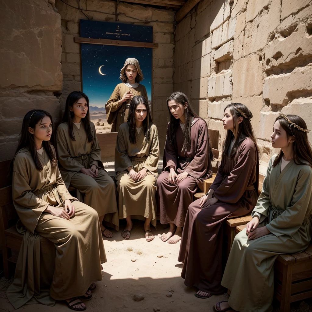 A group of people in a desert area, biblical illustration, The Lord and Savior, biblical painting, spiritual scene, by Scott Gustafson, beautiful pre-existing image, wearing brown robes, many people worshipping, biblical art style, Gorgeous representation, by Juan O'Gorman, digitally painted, calmly conversing, 8k, religious painting, biblical image
