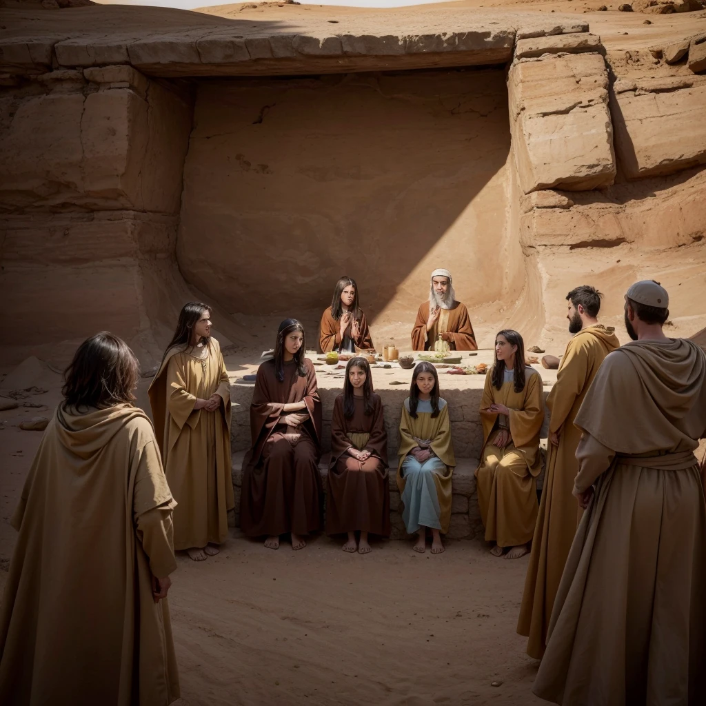 A group of people in a desert area, biblical illustration, The Lord and Savior, biblical painting, spiritual scene, by Scott Gustafson, beautiful pre-existing image, wearing brown robes, many people worshipping, biblical art style, Gorgeous representation, by Juan O'Gorman, digitally painted, calmly conversing, 8k, religious painting, biblical image