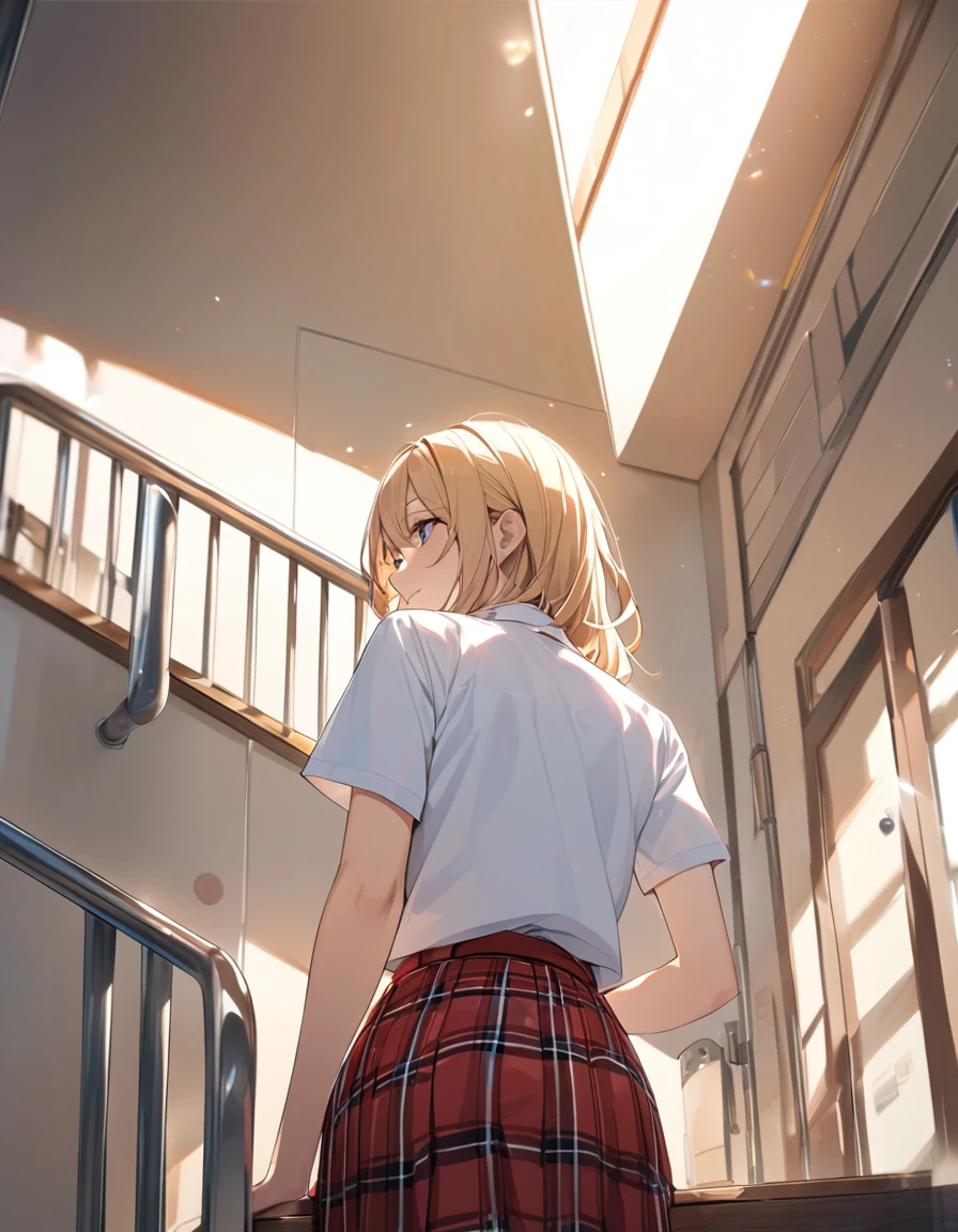 (Highest qualityのイラスト:1.2), (pretty girl:1.1), (1 girl、17 years old、Highest qualityのイラスト:1.2), (1 girl、slightly bigger eyes、blue eyes)、Blonde、Semi-long hair、Mature、Beautiful breasts、(Highest quality、Very detailed、Ultra-high resolution) 、High School Uniform｛White Sailor Suit、Short sleeve、Pleated skirt with red plaid pattern), from below, School stairs、Back view
