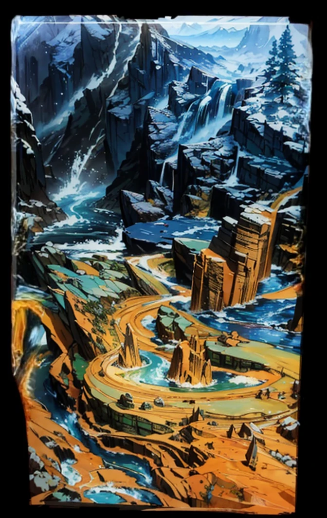 The picture is a martial arts animation style scenery。Earth, mountains and rivers,The river is rushing and bright,terrain changes,The colors are distinct and blended,Clear changes in light and shadow,Silky smooth and delicate watercolor painting
