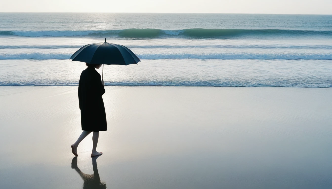 8K, Vivid picture quality, desolate long beach, A short-haired woman walking from afar, 푸른 빛 ocean, alone, afternoon, depressed, tide가 밀려온다, ocean, tide, black umbrella , wind, short korean woman, 잔잔한 tide, bare foot