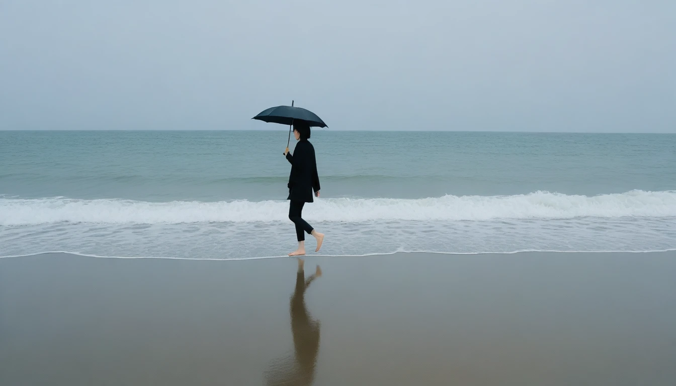 8K, Vivid picture quality, desolate long beach, A short-haired woman walking from afar, 푸른 빛 ocean, alone, afternoon, depressed, tide가 밀려온다, ocean, tide, black umbrella , wind, short korean woman, 잔잔한 tide, bare foot