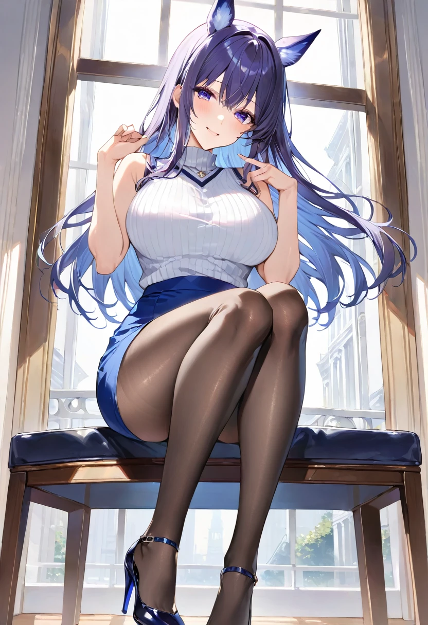 masterpiece, best quality, ultra detailed, detailed eyes, sparkling eyes, Glass Wonder\(umamusume\), highest quality, (Character Focus, breast focus,whole body), Beautiful body, Beautiful thighs, Beautiful feet, White beautiful skin, White sleeveless V-neck sweater, (blue mini pencil skirt:1.4), Black Pantyhose, (Black High Heels), smile, Face towards the viewer, Sexy pose, Romantic