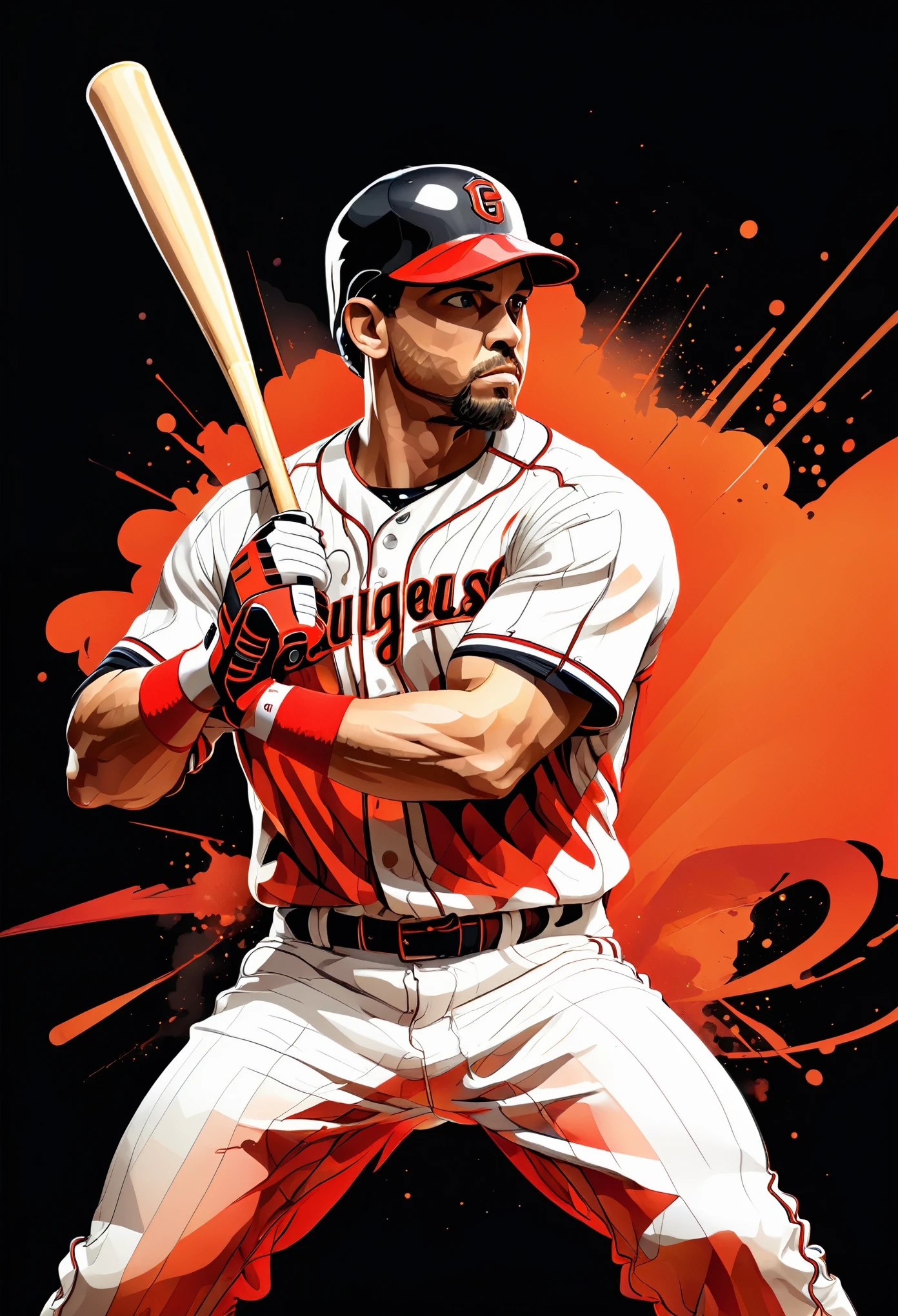 anatomically perfect, general shot, full body, a baseball player, holding baseball bat, linear art, colors, red black and white: 1.5, detailed line art, intricate lines, dynamic baseball player, baseball player in motion, realistic sports figure, realistic baseball player, detailed muscle structure, perfect anatomy, seamless integration, impactful composition, dramatic lighting, high contrast, cinematic atmosphere, vivid colors, striking visual impact, masterpiece, best quality, 8k, photorealistic