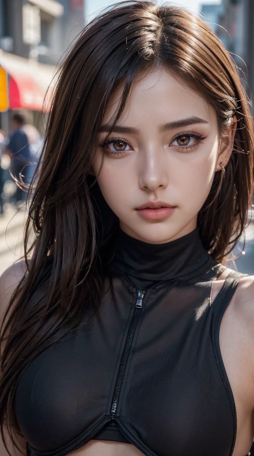 (photorealistic Realism 16K Quality, ultra-fine digital art), (Hyper-realistic proportional body, anatomically correct:1.3), beautiful girl, Half Body Portrait, Short, bright red, messy hair, Black Eyeshadow, ((Street Style Wear:1.35)), (Urban Background:1.25), Heavy makeup, Digital Art, Trending on Art Station, highly detailed, The finer details, Complex, beautiful detailed glow, (super detailed beautiful, slim and sharp-face), (light pale complexion). BREAK, (Super beautiful, (Insanely details brown_eyes1.25), ((Hyperrealistic sharp real human eyes)), (tired and sleepy and satisfied:0.0), perfect round eyes, (finely detailed pupils:1.3), detailed, Cinematic Light, High resolution, detailed facial features,Sharp focus, Smooth, beautiful, (dark_shot:1.2)