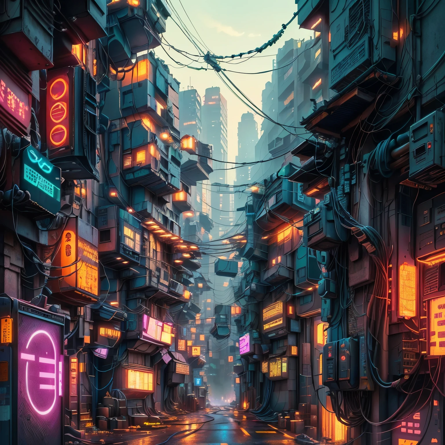 arafed city street with many electrical wires and electrical equipment, detailed cyberpunk illustration, so many wires, intricate cyberpunk city, machines and wires everywhere, intricate environment - n 9, cyberpunk illustration, wires everywhere, cyberpunk alley, cyberpunk themed art, cyberpunk back alley, cables everywhere, busy cyberpunk metropolis, many wires, lots of wires, wires. biopunk, cyberpunk street
