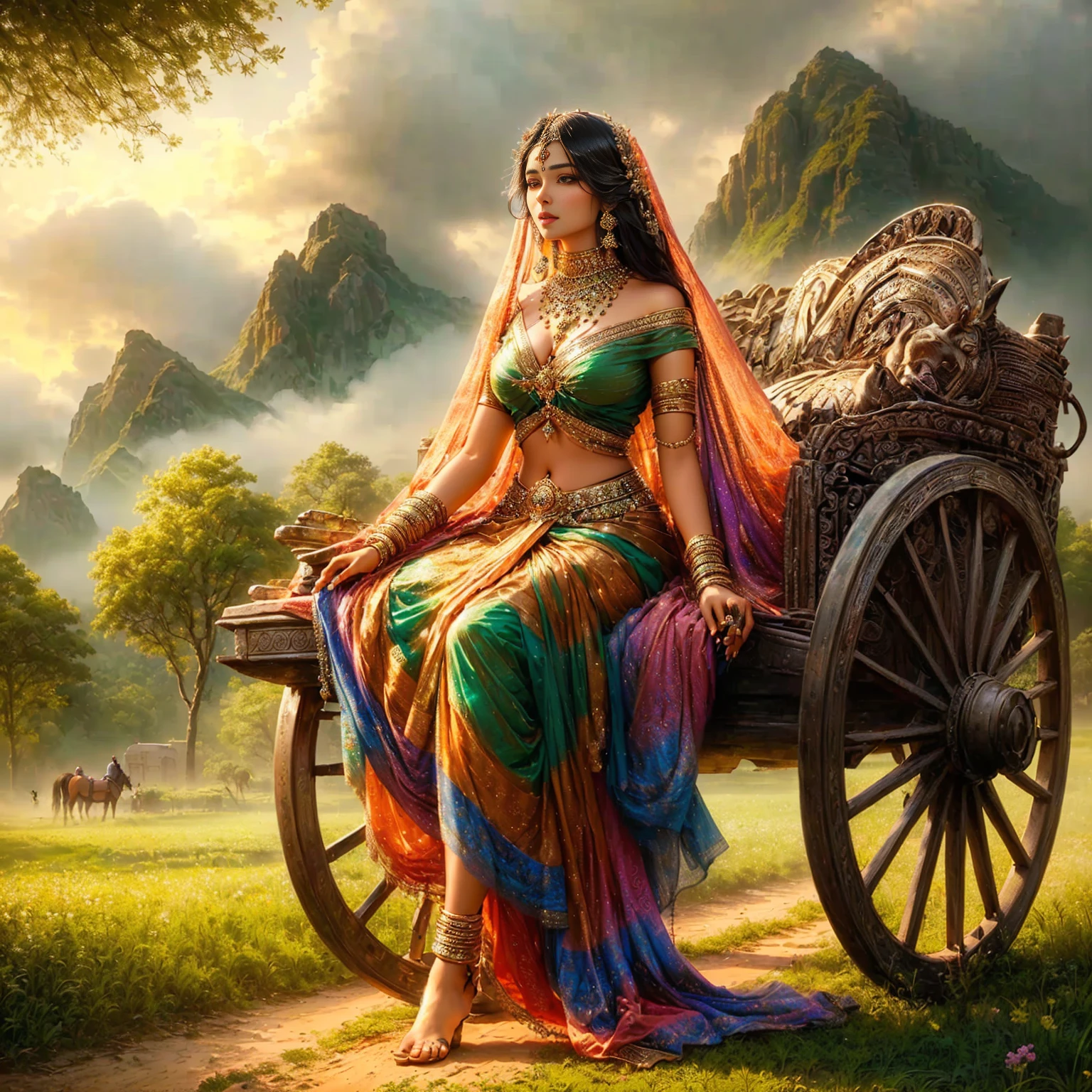 Arav woman sits on a cart in the field with a horse., Beautiful Fantasy Empress, beautiful goddess, Stunning portrait of a goddess, Indian goddess, beautiful fantasy girl, beautiful fantasy art, very beautiful fantasy art, beautiful young woman, Beautiful digital artwork, Indian Art, Beautiful and gorgeous digital art, beautiful character drawings, portrait of a beautiful goddess, Amazing 8k artwork