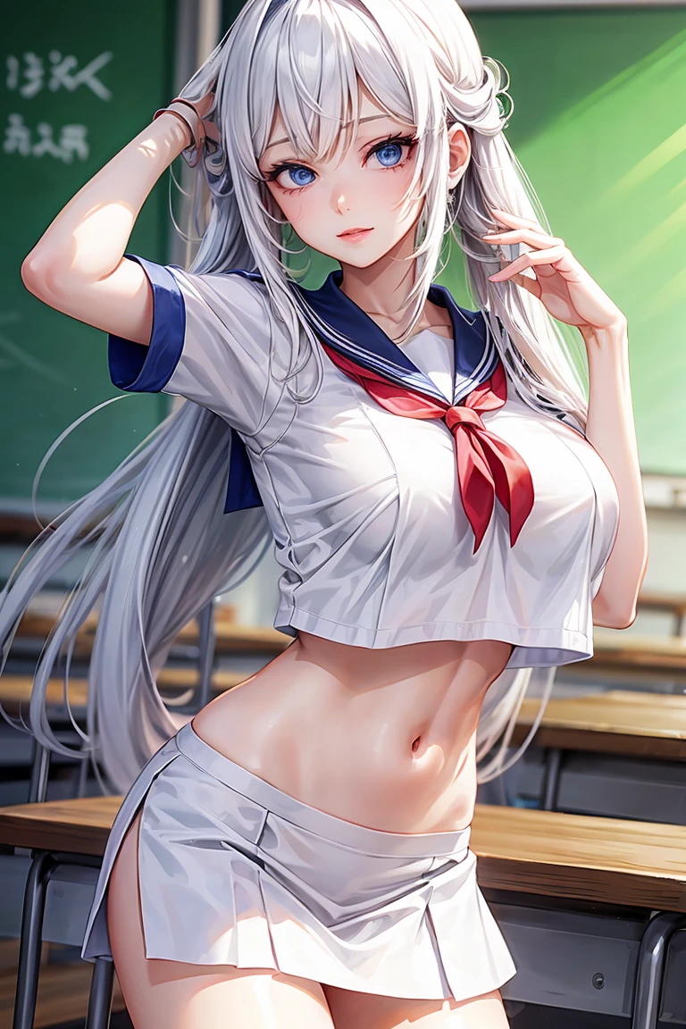 woman, sexy woman, mature female, mommy, long white hair, blue eyes, sharp eyes, detailed lips, big breast, short sleeves sailor uniform, facesitting, classroom, evil smiling, seductive lips, adjusting hair, skirt, hunter eyes, look from below, slighty midriff,
