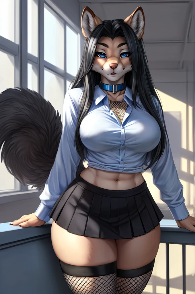 (((sfw)))), beautiful and detailed,woman (((female))) ((anthro)) wolf, Ross Tran, by ruan jia, by zaush, by foxovh, lighting cinematic, wolf, (huge chest), full body view, (anthro, fluffy fur), 1woman, anthro wolf woman, body fur, solo, medium breasts, (thick thighs), curvy, cute, black hair with grey highlights, ((She showing her sensuality) ( blue collar.) hottest hot 1st position for sexy blue eyes comfortable naughty face anime-style cartoon-style squirrel ears with black hair) (clothes color blue, black and white) (high school uniform), high school girl, ((shirt tucked into skirt)), ((high school shirt)), ((mini skirt)), ((thick sexy fishnet thigh highs)), 1woman, anthro wolf woman, body fur, solo, medium breasts, (thick thighs), curvy, cute, black hair with grey highlights, ((She showing her sensuality) ( blue collar.) hottest hot 1st position for sexy blue eyes comfortable naughty face anime-style cartoon-style squirrel ears with black hair) (clothes color blue, black and white) (high school uniform), high school girl, ((shirt tucked into skirt)), ((high school shirt)), ((mini skirt)), ((thick sexy fishnet thigh highs)),