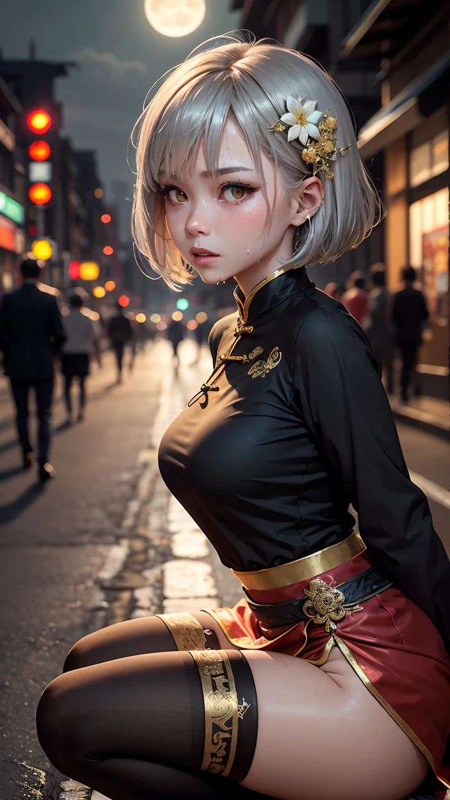 Young girl 10 years old, short silver bob hair, hair flower, sharp bangs between the eyes, yellow eyes, eyes large, provocative look, obscene expression, notable physical features, traditional chinese imperial clothes black with gold details, red skirt, black thigh high socks. medium breasts, half-sided angle, crouched in the street. japanese city, outdoor city, city at night, with full moon in the background, light reflecting on the sexy and sweaty body. (((sweat))) (work of art:1.2,) (best qualityer.)