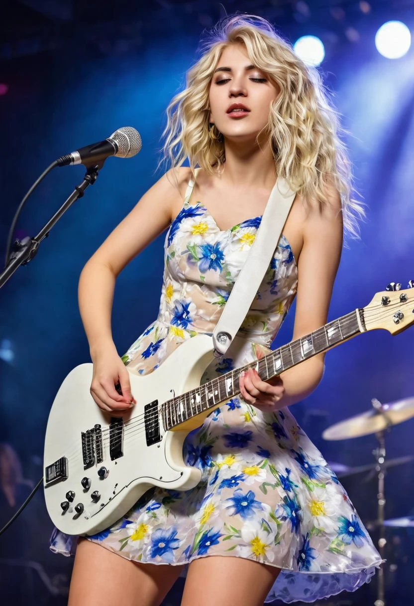 A beauty young woman with disheveled blonde hair and flowered dress playing a white electric guitar for the audience on the stage