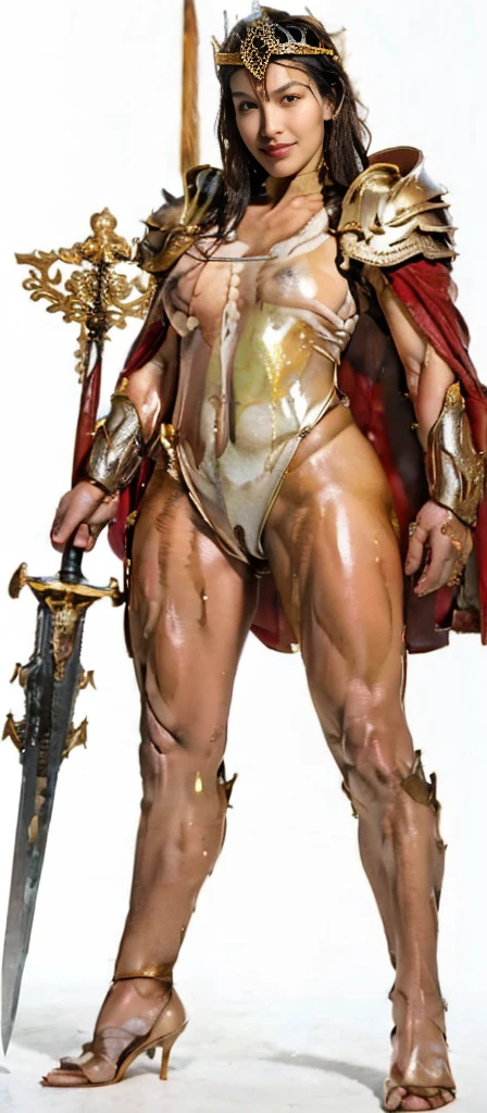 A 30-year-old Asian female gladiator posed naked for a photo,Tall and sexy,Mature and charming,Lewd exposure ,Sweaty and sweaty,Shiny muscle lines,Large Breasts,Big Ass,Camel toe,Nipple protrusion,have,NSFW,Release liquid,Wear sexy super high heels,The charming and seductive queen holding a big sword