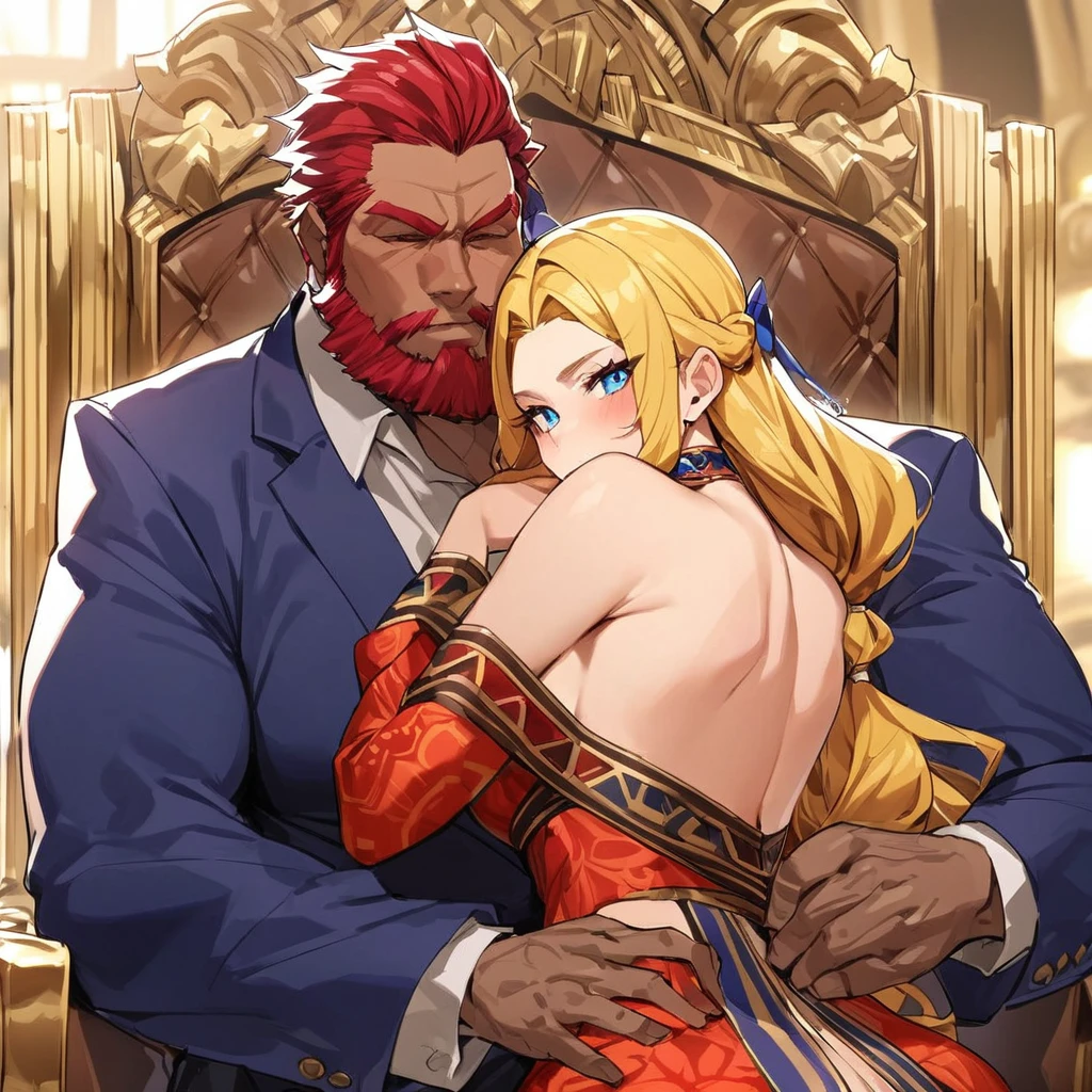 ((Highest quality)), ((masterpiece)), (detailed), （Perfect Face）、The woman is Queen Zelda of the Gerudo tribe, with blonde hair and blue eyes, and is wearing the luxurious dress of the Gerudo queen.、The man is a dignified, middle-aged man with a beard, strong red hair and dark skin, King Ganondorf, the king of the Gerudo tribe, and is wearing the luxurious national dress of the Gerudo king.、A man and woman are hugging and kissing each other on the luxurious throne of the Gerudo tribe&#39;s royal family.、A queen and a king in love