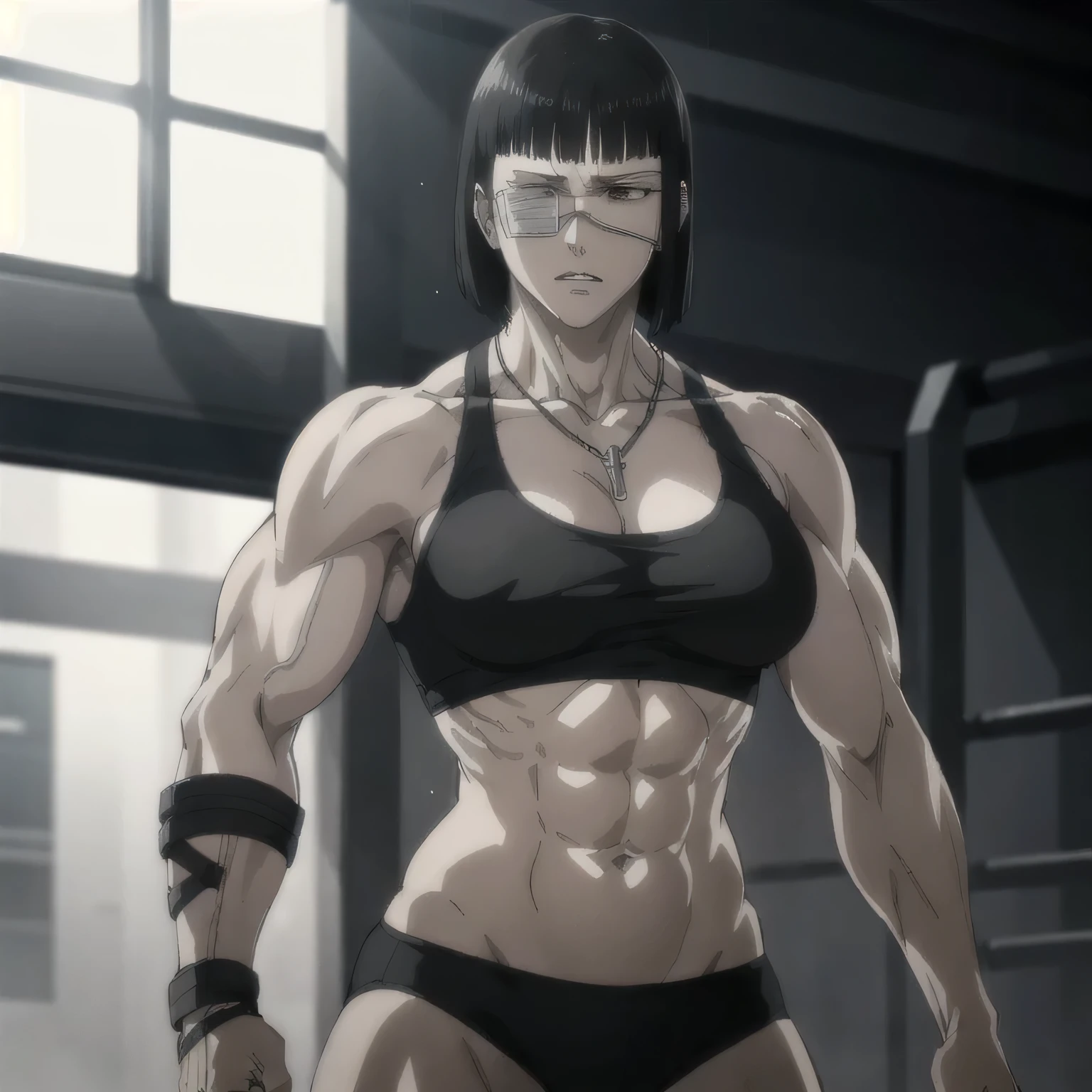 best quality,ultra-detailed,realistic:1.37),musclaur badass girl with sculpted body with preview her musclaur body and six-pack, full review of the female character's face and body, intense expression, strong and confident posture, studio lighting, vivid colors, physiologically-based rendering, grungy texture, rugged background, dust particles in the air, commanding presence, professional, powerful, gritty aesthetics,,Valmet،short hair,necklace,Light reflection on shoulders,clean muscles،wearing gray underwear and gray gym tank top,tattoos on shoulders،workouts( girl solo),eyepatch,Shining muscles,eyes detailing,fat free body,veins in muscles,penis growth inside underwear, raining,rainy