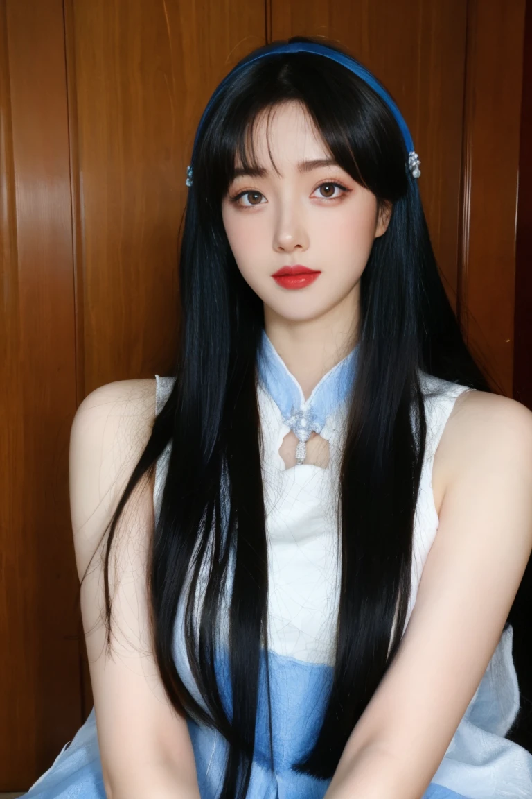 ulzzang-6500-v1.1,(raw photo:1.2),((photorealistic:1.30)), ((best quality)) ,((masterpiece)),((Ultra High Resolution)), ((Clear View)),,Ultra-high resolution,Clear face,（Reality：1.4) ,  illustration, an extremely delicate and beautiful, extremely detailed ,CG ,unity ,8k wallpaper, Amazing, finely detail, masterpiece,best quality,official art,extremely detailed CG unity 8k wallpaper,absurdres, incredibly absurdres, huge filesize, ultra-detailed, highres, extremely detailed,beautiful detailed girl, extremely detailed eyes and face, beautiful detailed eyes,light on face,cinematic lighting,  1 girl, 独奏, long hair, black hair, Headband, blue eyes, Chinese dress, standing,