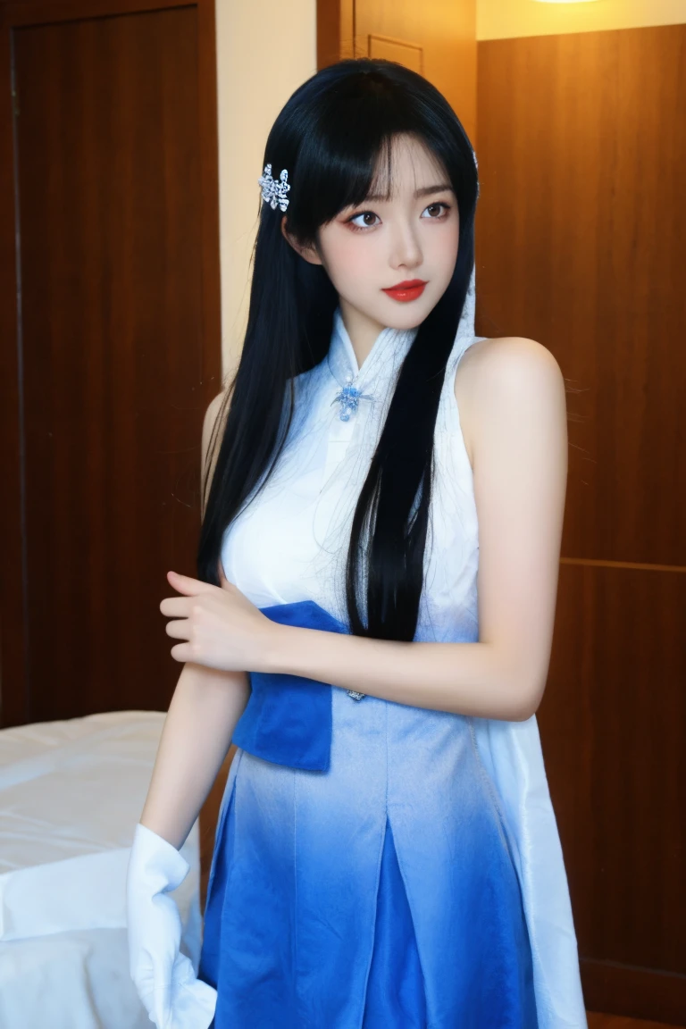 ulzzang-6500-v1.1,(raw photo:1.2),((photorealistic:1.30)), ((best quality)) ,((masterpiece)),((Ultra High Resolution)), ((Clear View)),,Ultra-high resolution,Clear face,（Reality：1.4) ,  illustration, an extremely delicate and beautiful, extremely detailed ,CG ,unity ,8k wallpaper, Amazing, finely detail, masterpiece,best quality,official art,extremely detailed CG unity 8k wallpaper,absurdres, incredibly absurdres, huge filesize, ultra-detailed, highres, extremely detailed,beautiful detailed girl, extremely detailed eyes and face, beautiful detailed eyes,light on face,cinematic lighting,  1 girl, 独奏, long hair, black hair, Headband, blue eyes, Chinese dress, standing,