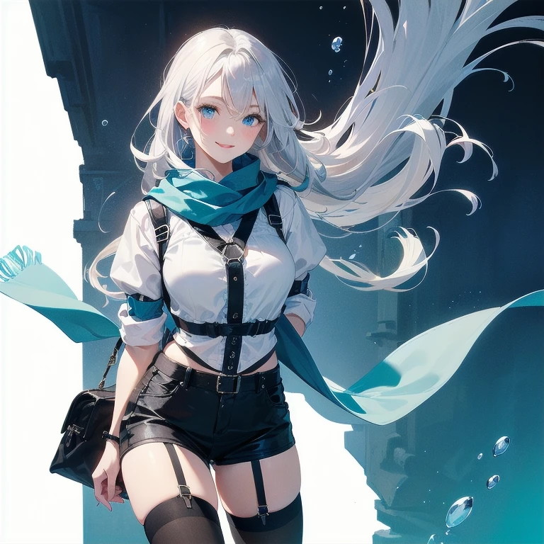 (Masterpiece, Best quality, ultra high resolution), (((1 girl))), Silver hair, Pale skin, Beautiful detailed face, Detailed eyes, posing on a white background, Dynamic lighting, dynamic shadowing, looking at viewer, White street punk fashion with blue details, (Posing for a photo), ((White clothes)), (((black thigh highs))), jean shorts, skirt, white sweater, ((Blue eyes)), happy, smiling, black straps, black strap design, ((Long white hair)), energetic, cheerful, cityscape background, (garter), blue tertiary color, blue highlights, purse, hand bag, ((chest harness fashion)), ((more blue on clothes)), ((Deep blue ocean scarf)), scarf