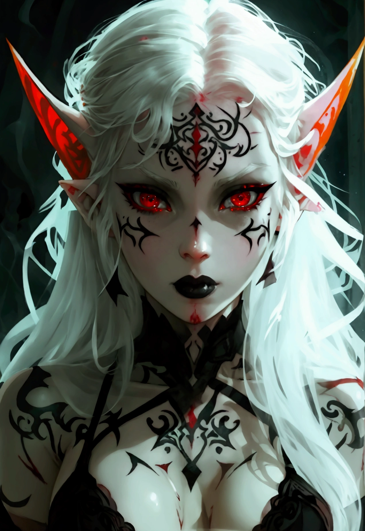A dark elf (cute woman, pale white skin, large pointy ears, blood red eyes, large evil tattoos, sheer black lingerie), she is studying the glyphs in her summoning chamber, show all of her