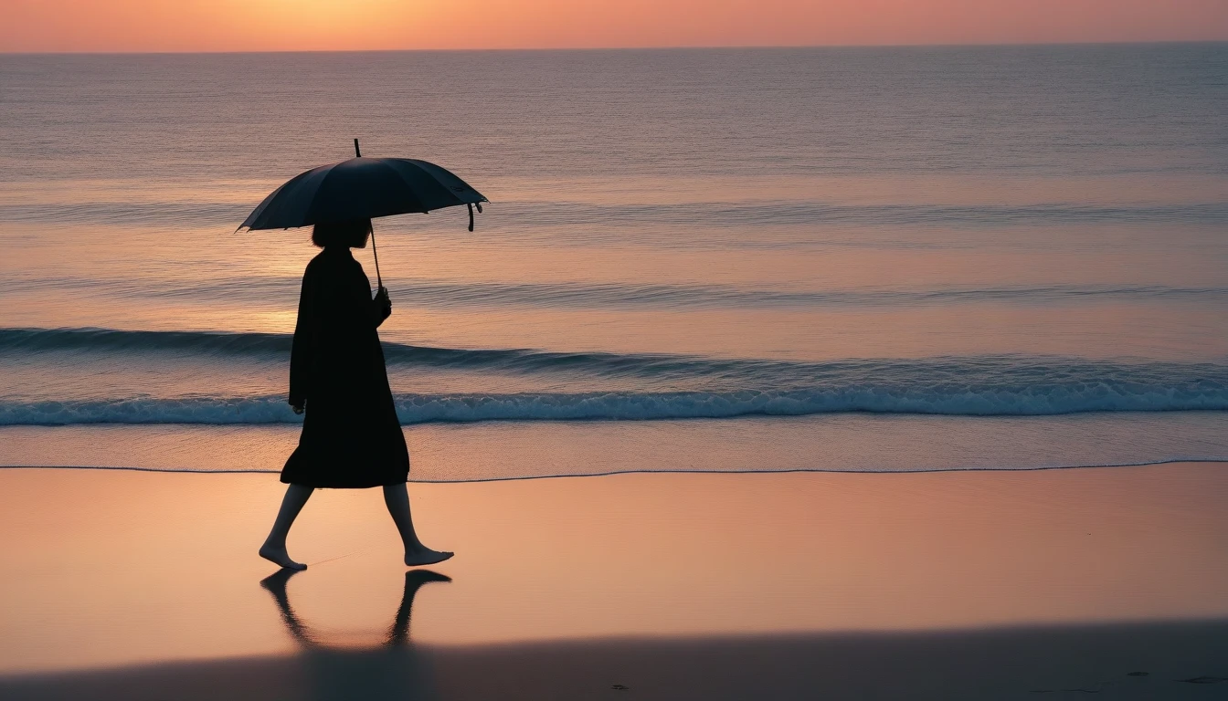 8K, Vivid picture quality, desolate long beach, A short-haired woman walking from afar, red light of sunset, alone, afternoon, depressed, tide가 밀려온다, ocean, tide, black umbrella , wind, short korean woman, 잔잔한 tide, bare foot