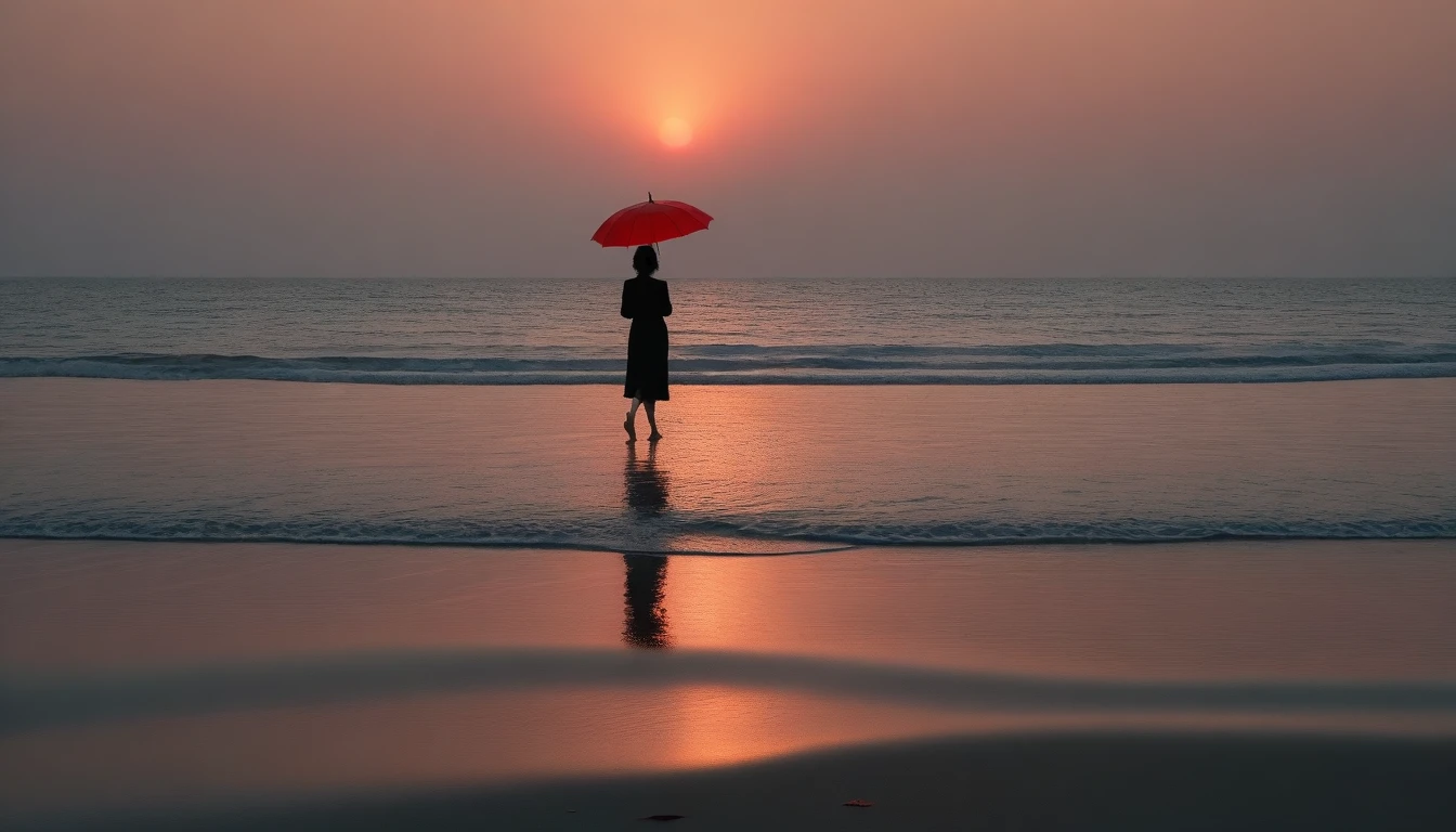 8K, Vivid picture quality, desolate long beach, A short-haired woman walking from afar, red light of sunset, alone, afternoon, depressed, tide가 밀려온다, ocean, tide, black umbrella , wind, short korean woman, 잔잔한 tide, bare foot