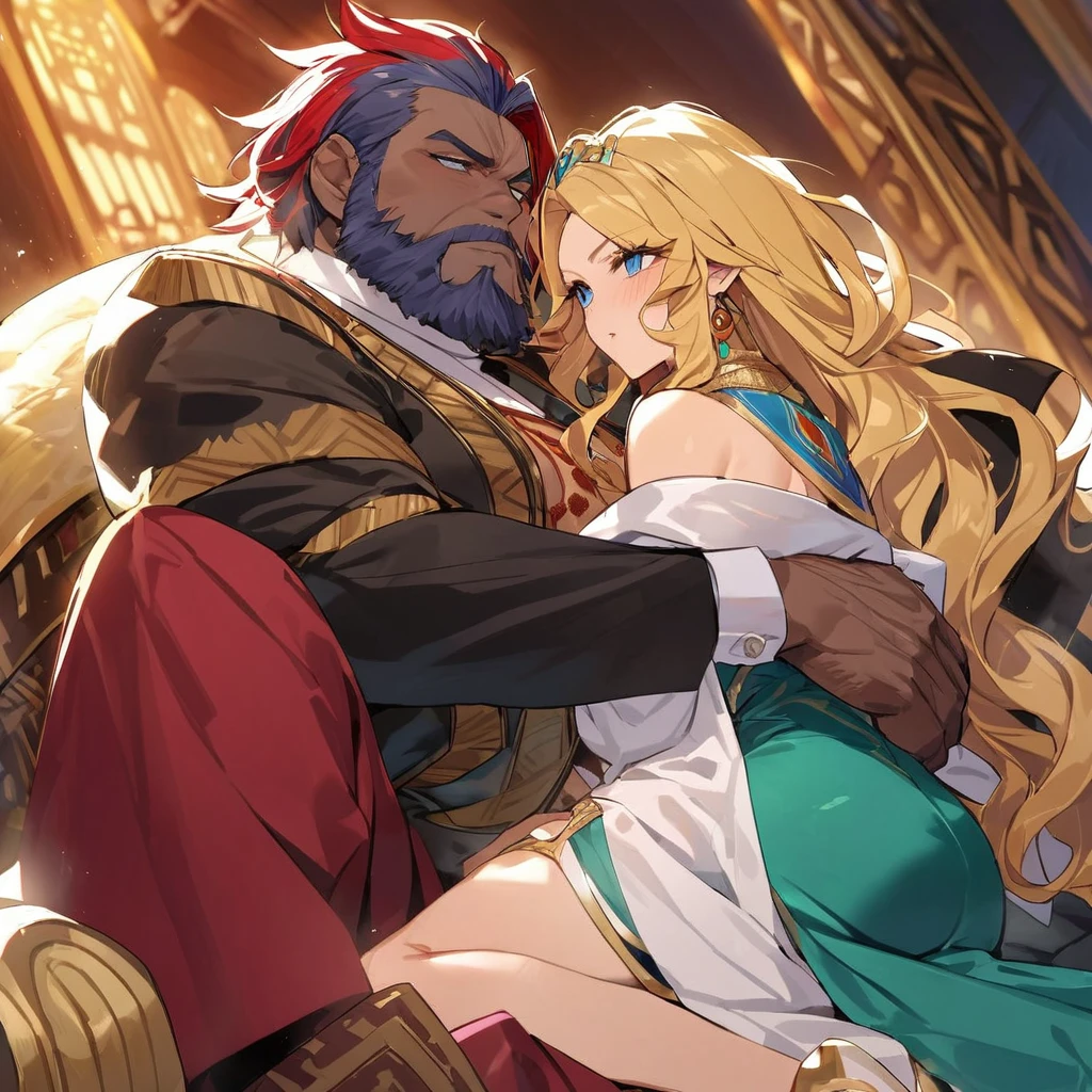 ((Highest quality)), ((masterpiece)), (detailed), (Perfect Face)、The woman is Queen Zelda of the Gerudo tribe, with blonde hair and blue eyes, and is wearing the luxurious dress of the Gerudo queen.、The man is a dignified, middle-aged man with a beard, strong red hair and dark skin, King Ganondorf, the king of the Gerudo tribe, and is wearing the luxurious attire of the Gerudo king.、A man and woman are hugging and kissing each other on the luxurious throne of the Gerudo tribe's royal family.、A queen and a king in love