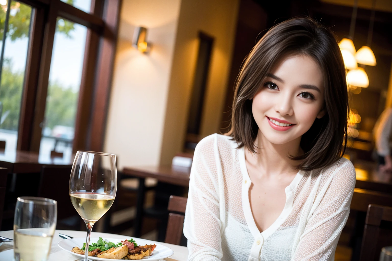 ((Highest quality、8K、masterpiece:1.3))、Shortcuts、cute、slimカップル、modelカップル、actress男優、(Realistic, Intricate details:1.2), full-course dinner、Wine Party、Amazing view of the sunset sky and clouds、A bright smile、short hair,Bright Face、45 years old), 42 years old, red wine 、Appetizers、Italian food、Wine bottle、Champagne、sparkling wine、Two beauties、Brown Hair、Shortcuts、Long sleeve shirt、dress、Beautiful woman 1, (slimな顔), (The body is slim), (Brown Hair), (Shortcuts), cheeks turn a little red,Attractive beauty、restaurant, In a prominent place (From the waist up) Nova Frog Style, actress, model, Upper Body, White wine, slim, wine glass, 中央に置かれたwine glass, smile, (smile: 1.15), Beautiful fine grain, Depth f/2,saturation, High Contrast, Strong light and shadow,Moist Body:1.5、3D texture、Delicate eyes、Brown Hair、The hair is very shiny、