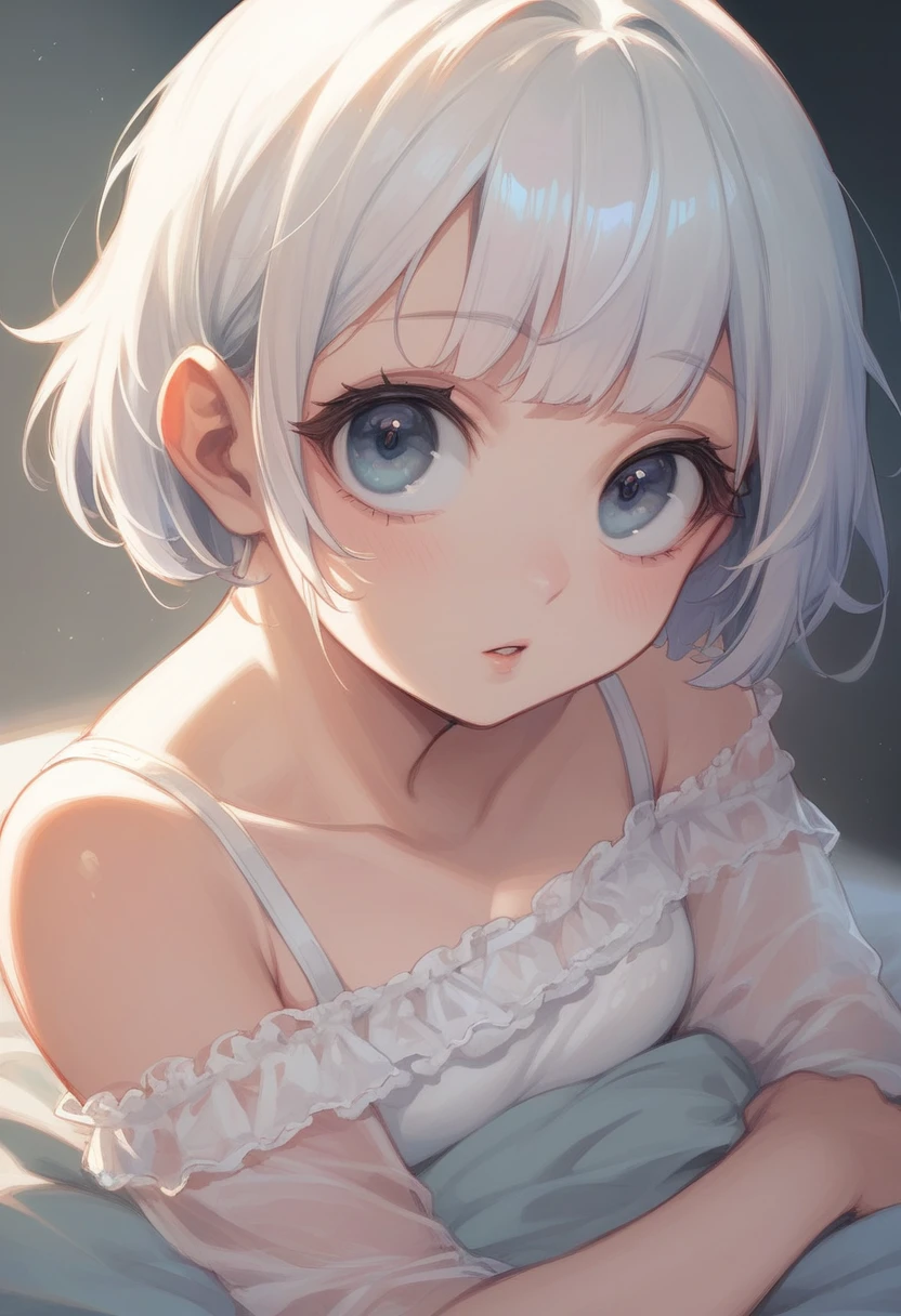 Summer knit with short hair and white, summer knit, Short hair, short hair with bangs, Cute face girl, seductive expression, French Bob, pale fair skin, short white hair and large eyes, feeling very aroused, beautiful light big eyes, Beautiful young girl, Young girl in a bob cut, Top image quality, See-through gowns, horny expression 