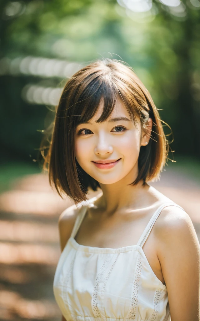 masterpiece, Best Quality, 8K, 1 girl, Japanese cute  girl, in summer, forest, stream, out of focus, 18 yo, large breasts, half open eyes, cute little, Solo, mouth closed, smile, summer dress, Girly, Delicate girl, Neat and clean beauty, Raw photo, Professional Photography, Portrait, Soft light, Professional Lighting, Back lighting, Upper body, see the beholder, Sophisticated, Film grain, (Eyes and faces with detailed:1.0), short hair swaying in the wind, beautiful flowing brown hair,