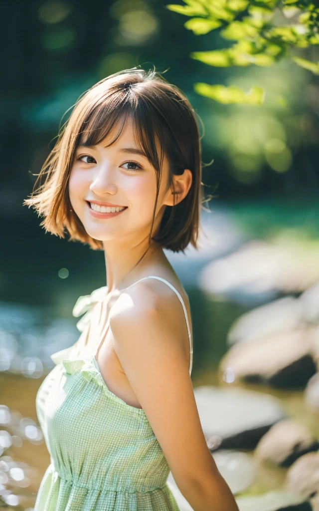 masterpiece, Best Quality, 8K, 1 girl, Japanese cute girl, in summer, forest, stream, out of focus, 18 yo, large breasts, half open eyes, cute little, Solo, mouth closed, smile, summer dress, Girly, Delicate girl, Neat and clean beauty, Raw photo, Professional Photography, Portrait, Soft light, Professional Lighting, Back lighting, Upper body, see the beholder, Sophisticated, Film grain, (Eyes and faces with detailed:1.0), short hair swaying in the wind, beautiful flowing brown hair,