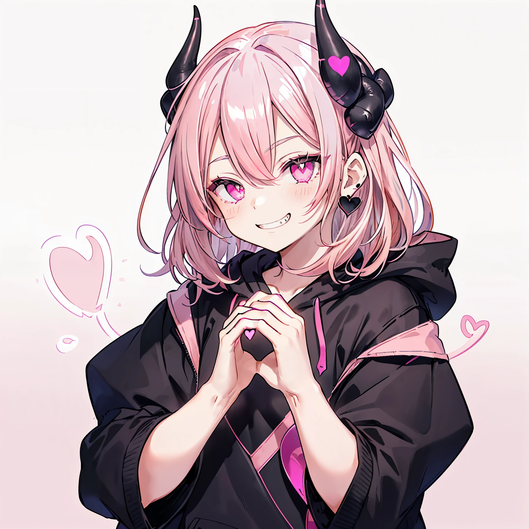 ((((Jagged　Open your mouth　Grin　Pink Background　shining heart　front))))　(((Black hoodie　Wearing a hood　Demon Horns　Heart Iris　Close-up　Pink Hair　Long Hair　Making a heart with both hands)))　((Shiny earrings　Small black ribbon))　Shining Edge　Shining Background