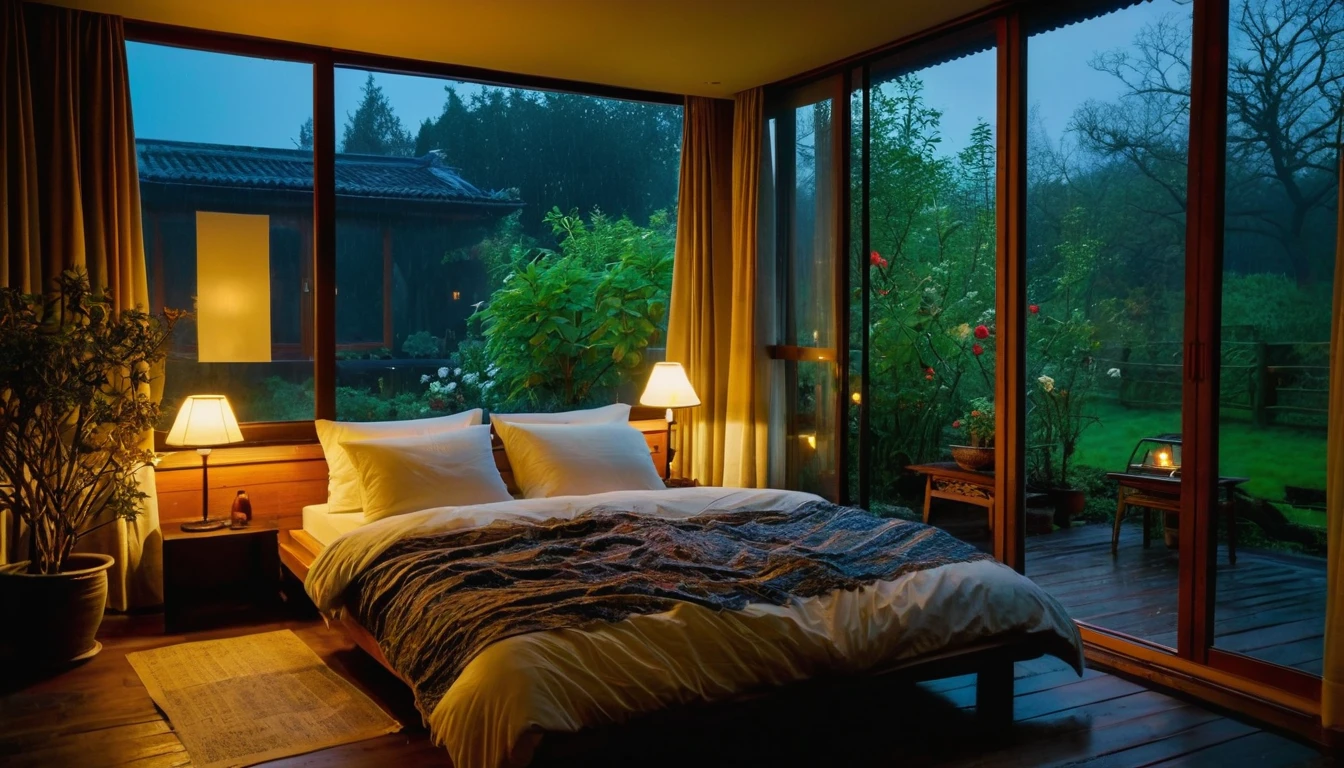 The picture shows a cozy bedroom with large windows offering views of the beautiful, dimly lit garden AND FLOWER-soaked gardens. CINEMATIC, JAPANESE HOUSE, the shape of a Japanese house, and lots of flower gardens in the garden. The bed was unmade with crumpled sheets, indicating only sleep in peace. looks dim, gloomy. Beside the bed there is a small table with a classic lamp burning which radiates warm light into the room. Outside the window, lush green plants can be seen on the terrace or balcony area, rain is falling, the lamp on the left provides warm lighting, creating a calm and peaceful atmosphere. with mist partially obscuring the landscape in the distance. The contrast between the warmth indoors and the rain outdoors creates an inviting and calming atmosphere