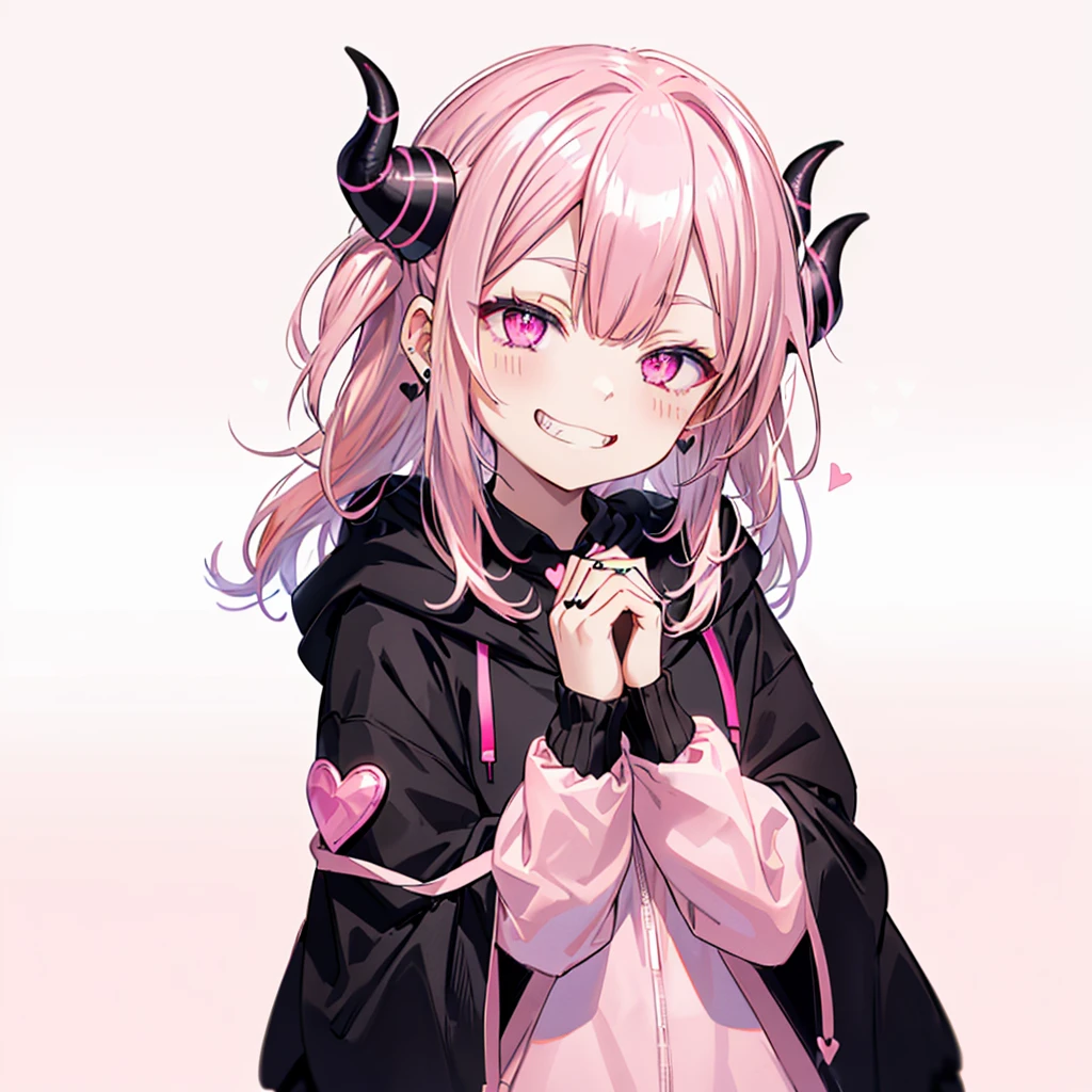 ((((Jagged　Open your mouth　Grin　Pink Background　shining heart　front))))　(((Black hoodie　Wearing a hood　Demon Horns　Heart Iris　Close-up　Pink Hair　Long Hair　Making a heart with both hands)))　((Shiny earrings　Small black ribbon))　Shining Edge　Shining Background