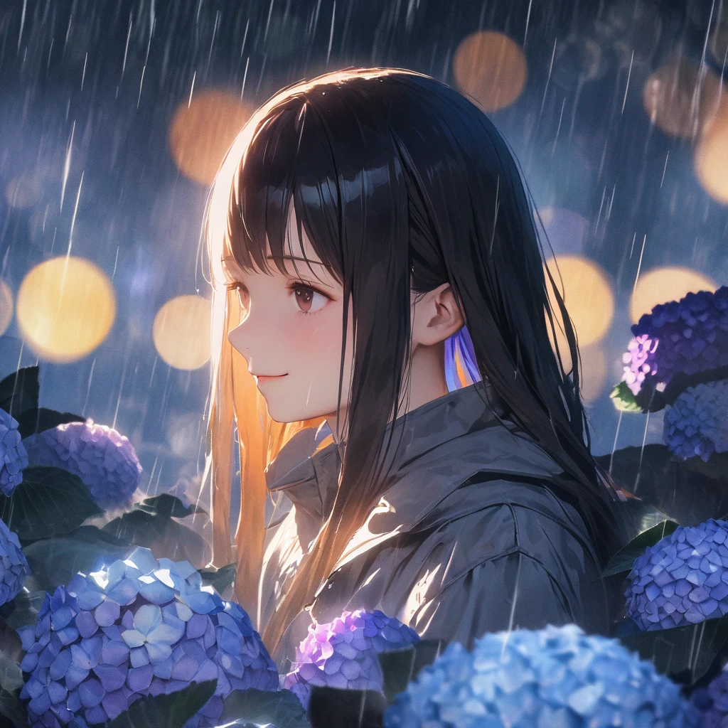 (masterpiece, photo_real, octane-render):1.4, (blue_theme, background rain scene, Tokyo_station), ice_photography, double exposure prism), (sharp sketch,watercolor painting,aesthetic art, pale tone):1.2, portrait of a girl's ennui face, SIGMA 24 mm F/1.4 ice camera photography, double exposure prism, Strobe ripple effect blur, BREAK, 1 girl, (detailed brown eyes, jet-black hair,colored inner orange ombre hair multicolored hair, curly):1.21, pompous pose:1.33, (ennui, little bit smile, emphasis of facial expressions), in rain coat, 1girl, looking up, put the hands up, black_hair, closed_eyes, serene_tears, long_hair, (hydrangea silhouette in Water droplets), bokeh, kaleidoscope, Water_droplets, rain, shadow, serene, peaceful, lyrics, song, theme: dreams, theme: illusions, (desaturated colors:1.2),
in the style of watercolor painting with simple lines, flat colors, Fluorite Water_droplets, minimalist,
The image features a single black-haired girl. She has long hair and is closing her eyes with a serene smile. Surrounding her are dreamlike elements like hydrangeas, bokeh lights resembling bubbles, kaleidoscope patterns bubbles, rain, and shadows. The overall atmosphere is peaceful and serene with slightly desaturated colors, reflecting the song's message of finding peace by ignoring others' judgments and living at your own pace. subjective_perspective, light-shadow_symmetry, ethereal_lighting, shadows, ray_tracing, (bokeh, round_bokeh, back_lighting):1.21,