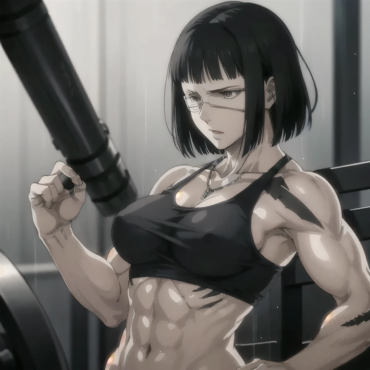 best quality,ultra-detailed,realistic:1.37),musclaur badass girl with sculpted body with preview her musclaur body and six-pack, full review of the female character's face and body, intense expression, strong and confident posture, studio lighting, vivid colors, physiologically-based rendering, grungy texture, rugged background, dust particles in the air, commanding presence, professional, powerful, gritty aesthetics,,Valmet،short hair,necklace,Light reflection on shoulders,clean muscles،wearing gray underwear and gray gym tank top,tattoos on shoulders،workouts( girl solo),eyepatch,Shining muscles,eyes detailing,fat free body,veins in muscles,penis growth inside underwear, raining,rainy