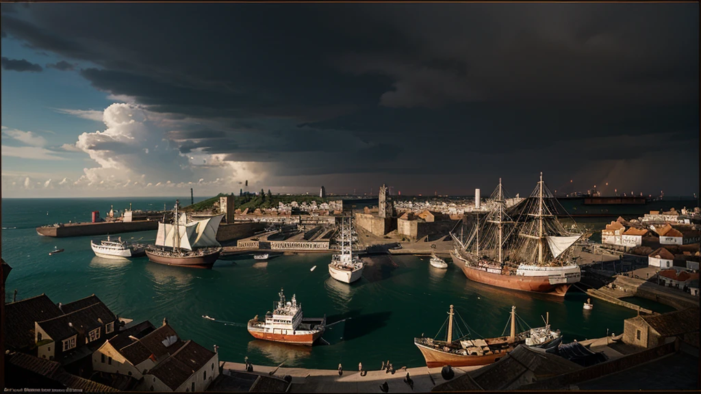 A busy 17th-century port with ships loading and unloading goods.