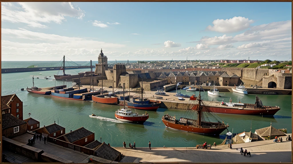 A busy 17th-century port with ships loading and unloading goods.