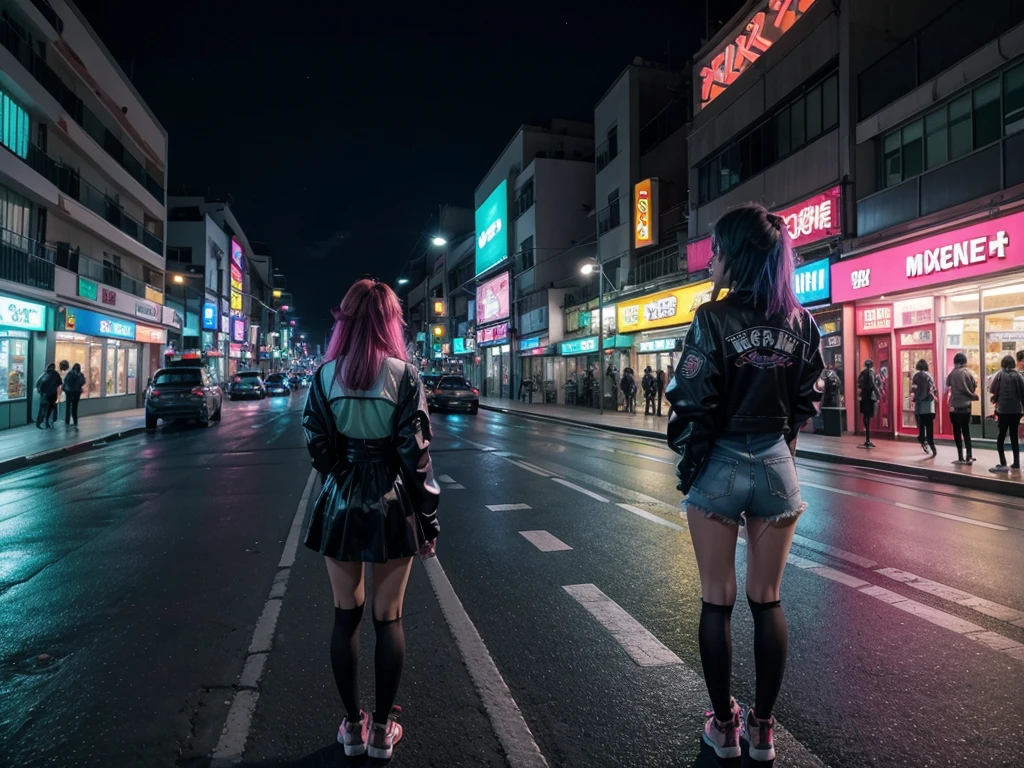 Landscape Mexico City Japan modern avenue anime night neon lights, Mexican anime girl in the middle of the street with her back turned 