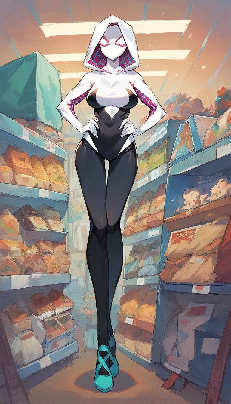 Spider Gwen , 1 woman, mask , abdomen , big breasts , Long legs , Put your hands on your hips..... , canvas shoes , convenience store