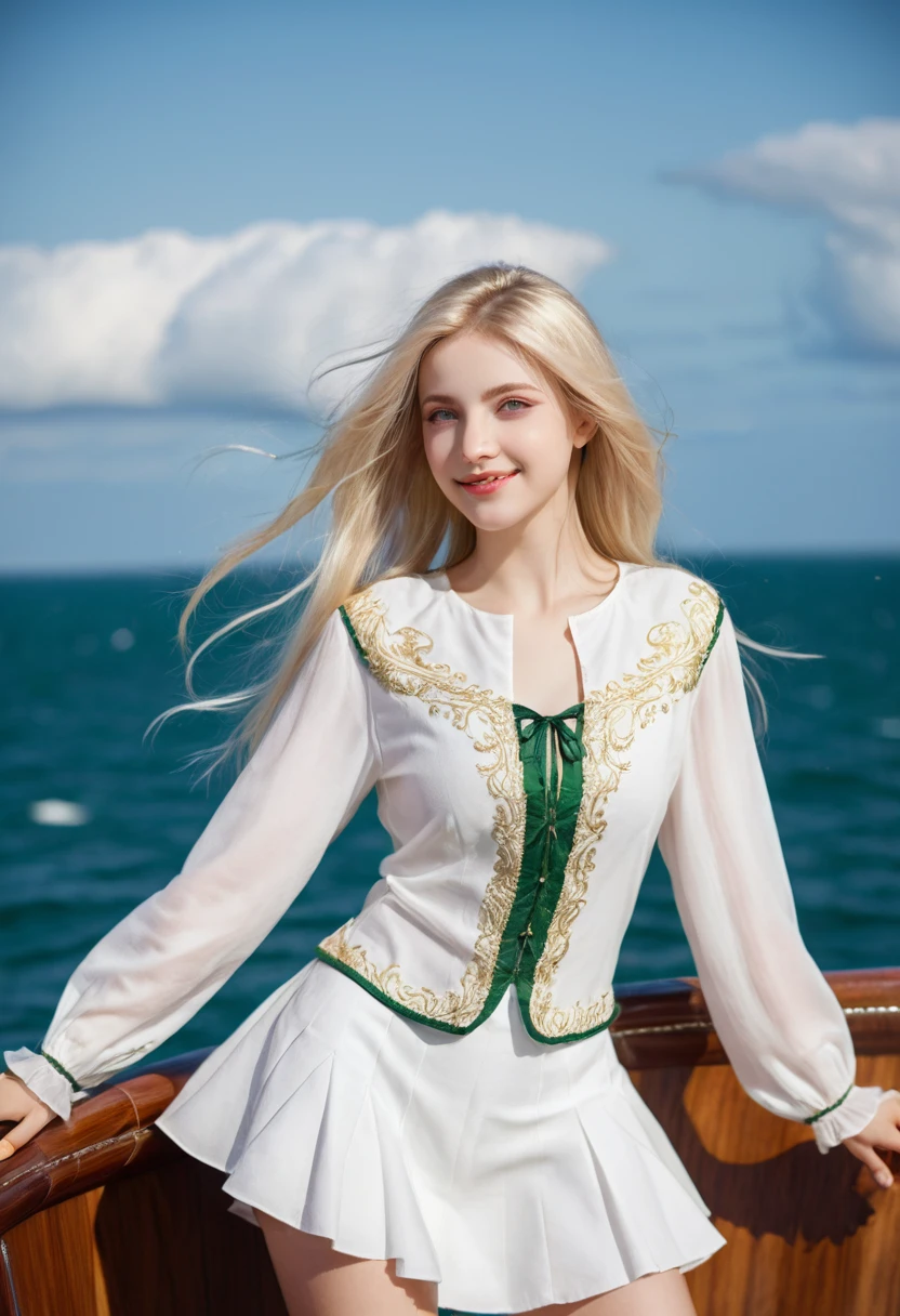 (((Masterpiece, highest quality, high definition, high detail)))), ((((Fantasy))), one, (Elf woman)))), (short skirt of white with gold embroidery), (blonde long straight hair), (glossy dark green eyes), (white ruffled blouse embroidered with gold), big, (((on the deck of a sailing ship at sea)), (vast sea))), (The firmament with clouds visible)), (( Seagulls flying in the sky)), smile, (breeze), particles of light flying