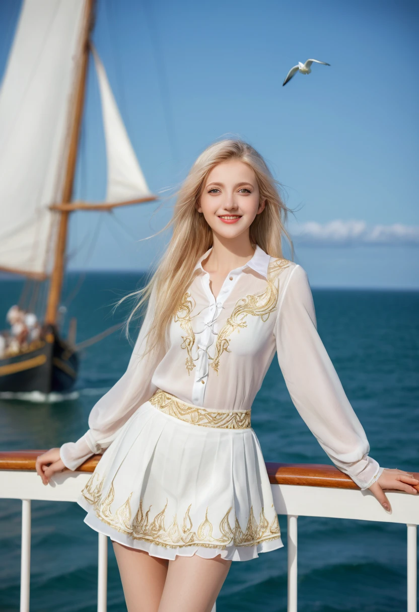 (((Masterpiece, highest quality, high definition, high detail)))), ((((Fantasy))), one, (Elf woman)))), (short skirt of white with gold embroidery), (blonde long straight hair), (glossy dark green eyes), (white ruffled blouse embroidered with gold), big, (((on the deck of a sailing ship at sea)), (vast sea))), (The firmament with clouds visible)), (( Seagulls flying in the sky)), smile, (breeze), particles of light flying