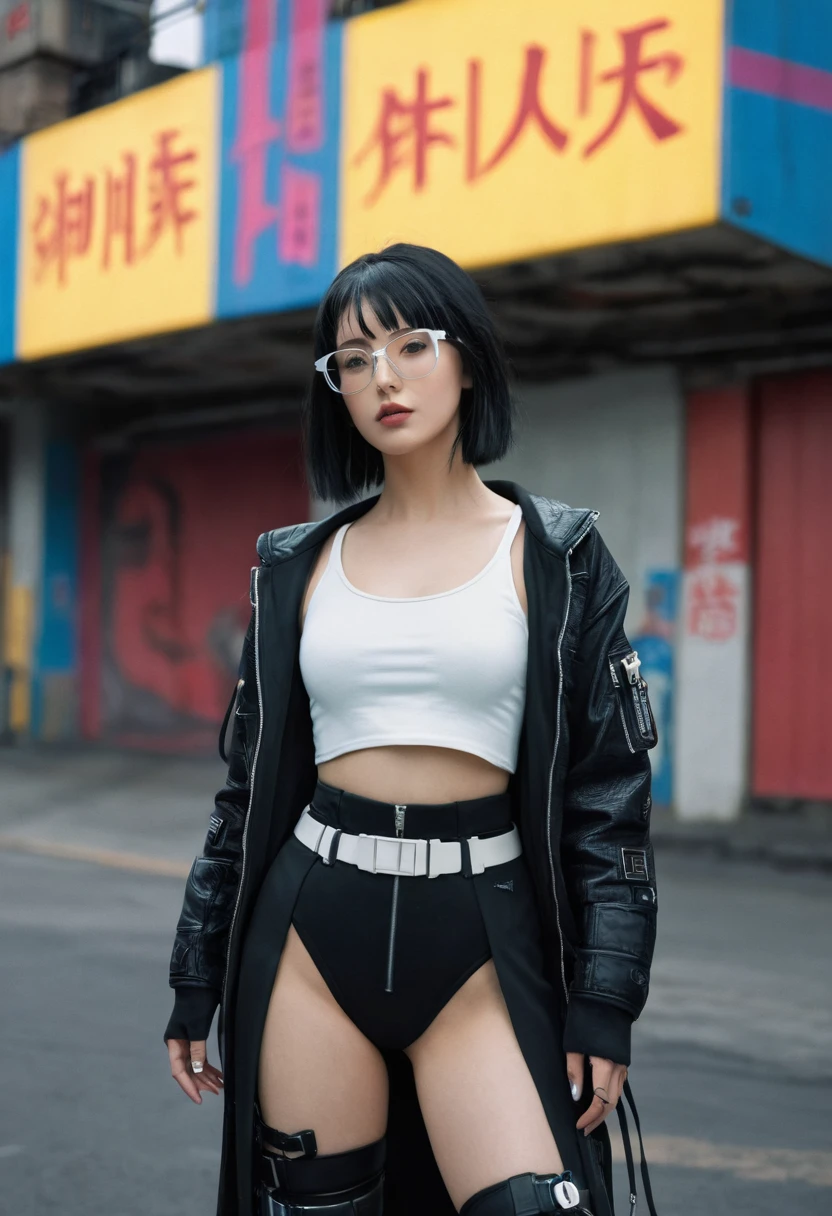 (masterpiece, best quality), 1girls, black hair, glasses, cyberpunk, solo, waist-high, sexy appearance