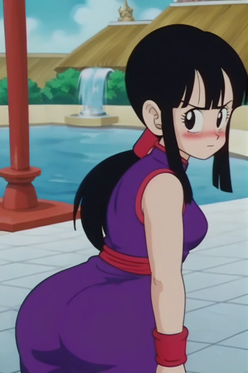fountain_cheered up, score_9, score_8_above, score_7_above, cheered up screencap,8k, absurdities,
Who, 1 girl, Alone, wide, medium breasts, looking at the viewer, blush, hits, black fur, medium senos, aboveper body, Side locks, outdoor, sky, sleeveless, day, cloud, black eyes, blue sky, bare arms, eyelashes, cloudy sky, (arched eyebrows), world martial arts tournament arena, mountain, blush, sexy ass, naked, showing body, provocative