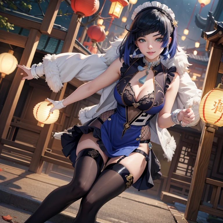Yelan_(genshin impact), ornament hair, perfectly body, perfectly hands, wave hair, navy hair, short hair, maid, maid dress, maid headdress, maid apron, garden, temple, shrine, outside, Chinese festival scenery, gold lantern, Chinese lantern, fireworks, black dress, more details on her clothes, black dress, golden details, night, smiling, cute face, Best quality, cleavage, skirt, full Body,