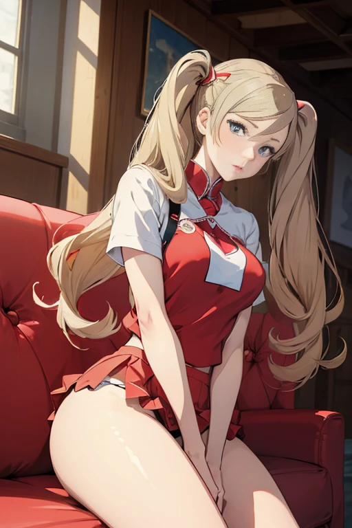 (((masterpiece))), HD 4k res image, no blur, Ann Takamaki, innocent, sitting with legs apart, revealing panties, mini skirt, long thick thighs, large buttocks, dsann, looking down,